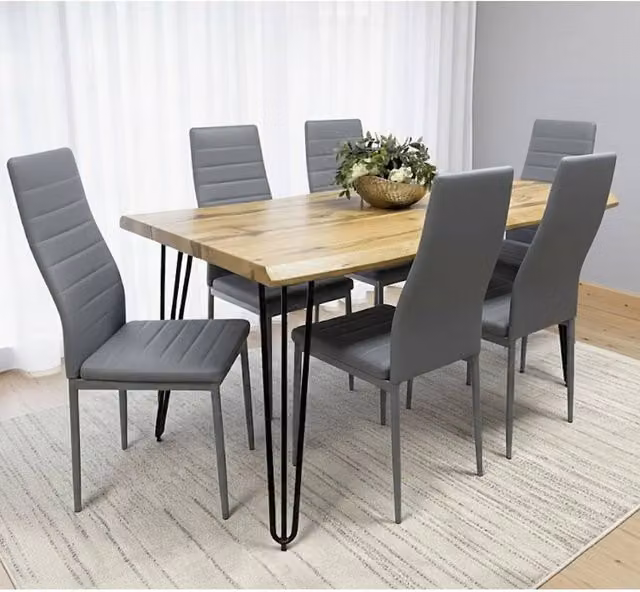 KOSY KOALA Industrial Dining Table Set with 6 Grey Faux Leather Chairs and Wood Table, W/D/H: 180 x 77 x 75 cm