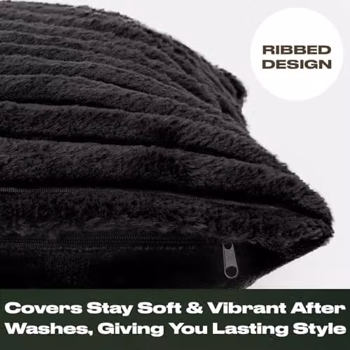 OHS Pack of 2 Ribbed Faux Fur Throw Pillows with Removable Covers, Black, W/D/H: 45 x 45 x 45 cm – 4