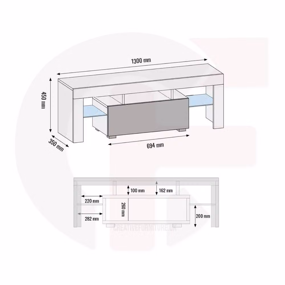 Mex Furniture LTD Floe TV Unit in Oak and White Gloss with LED Lights, W: 130 cm, D: 35 cm, H: 45 cm – 4