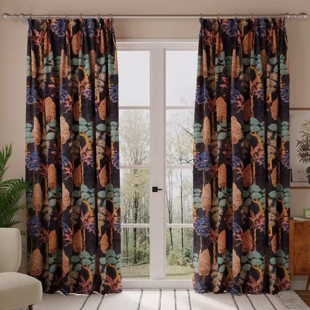 Linda Barker Cloud Tree Made to Measure Velvet Print Curtain in Pewter Grey and Multicolour
