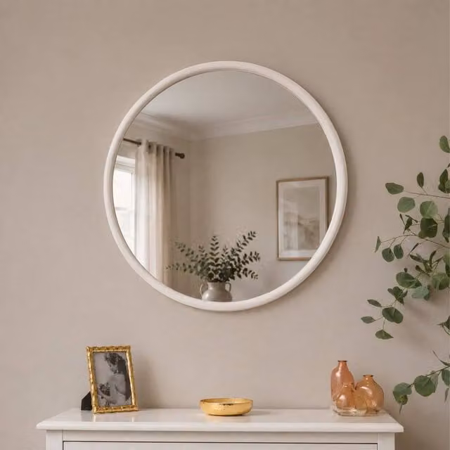 Melody Maison Round Rustic White Washed Wooden Wall Mirror, Diameter: 80 cm – 1