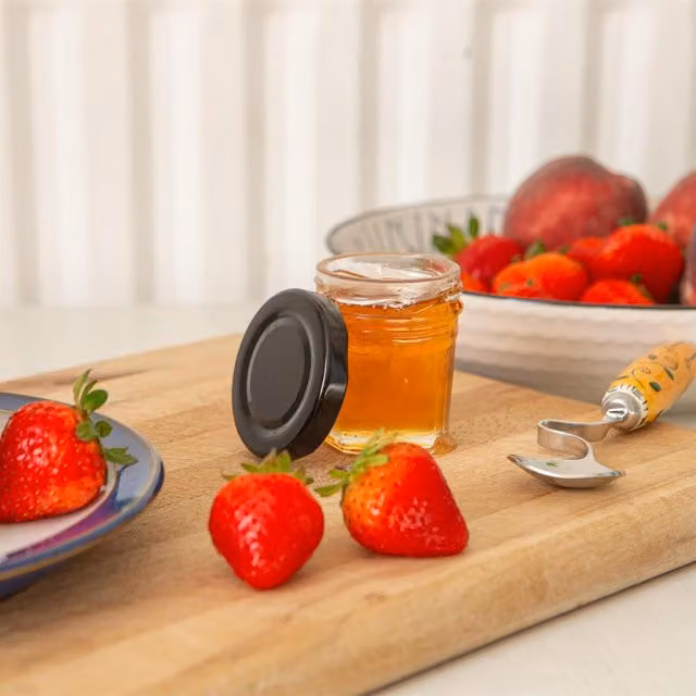 Argon Tableware Black Glass Jam Jars with Metal Screw Lids, 30 ml, Pack of 24