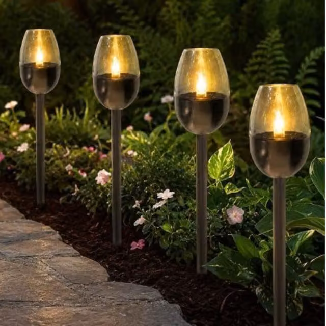 Marco Paul 4pc Solar LED Flame Effect Torch Lights in Silver