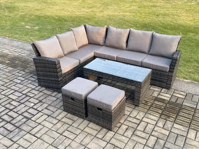 Fimous 8 Seat Rattan Garden Furniture Corner Sofa Set with Table and 2 Footstools, Dark Grey Mixed