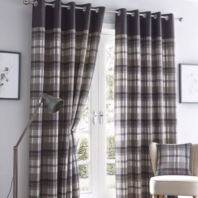 Portfolio Home Orleans Grey Tartan Check Striped Eyelet Curtains, 2 Panel Pair, Width: 229 cm, Drop: 229 cm