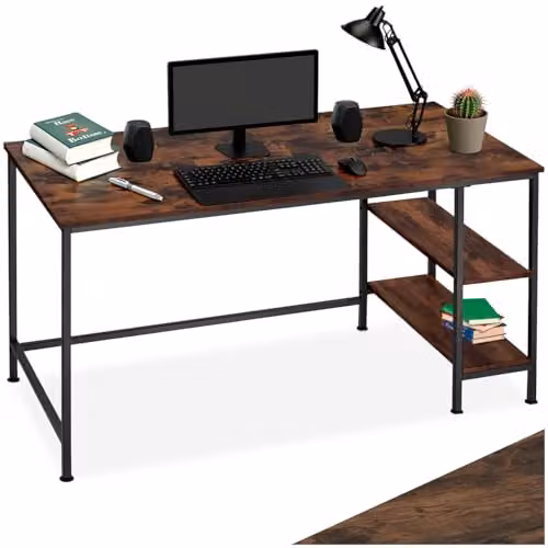 tectake Modern Computer Desk with Side Storage Shelves in Brown and Black, W/D/H: 140 x 60 x 76.5 cm – 1