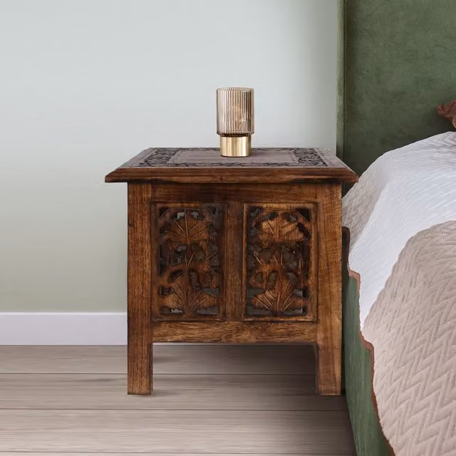 Topfurnishing Square Carved Mango Wood Coffee Table and Bedside End Table in Antique Brown, W/D/H: 38 x 38 x 38 cm