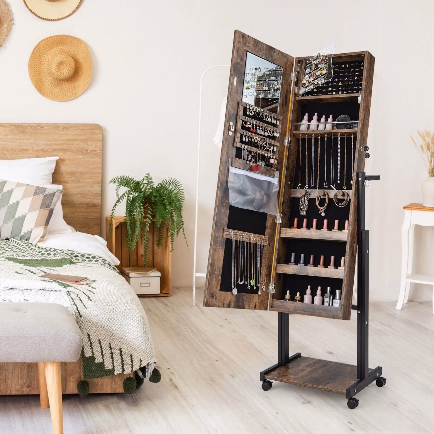Costway Height Adjustable Standing Jewelry Armoire with 3-Colour LED Mirror and Wheels in Brown – 3