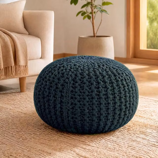 Bravich LTD Chunky Knitted Cotton Pouffe Footstool in Dark Green, Diameter: 50 cm – 1