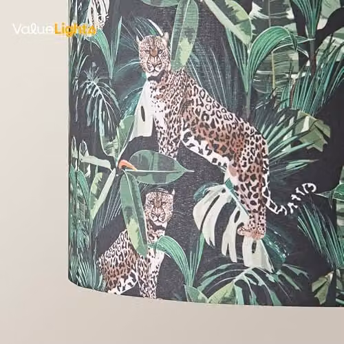 ValueLights Addalyn Green Jungle Animal Print Fabric Cylinder Ceiling Lamp Shade with Gold Inner and Bulb – 3