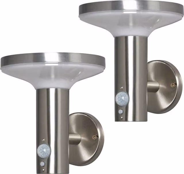 Uris Litecraft 2 Pack of Solar LED Outdoor Wall Lights with Motion Sensor in Silver Stainless Steel and Aluminium