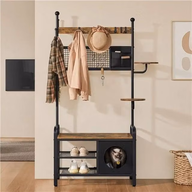 KORVIXA Industrial Hall Tree with Bench, Coat Rack and Shoe Rack in Brown and Black, H 90 cm x W 90 cm x D 90 cm – 1