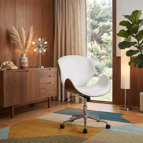FWStyle Mid Back Bentwood Office Chair in Walnut and Glossy White Synthetic Leather – 3