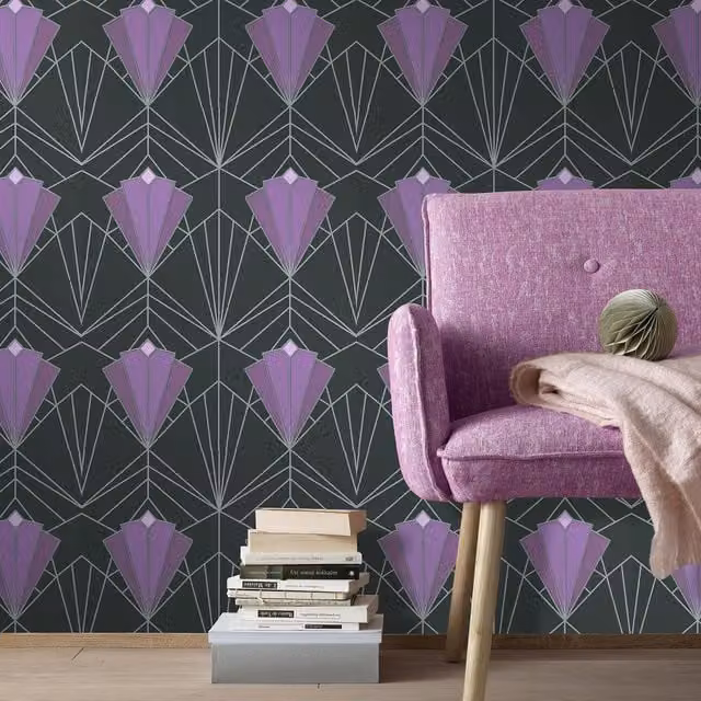 Debona Isadora Art Deco Geometric Abstract Vinyl Wallpaper in Purple and Silver
