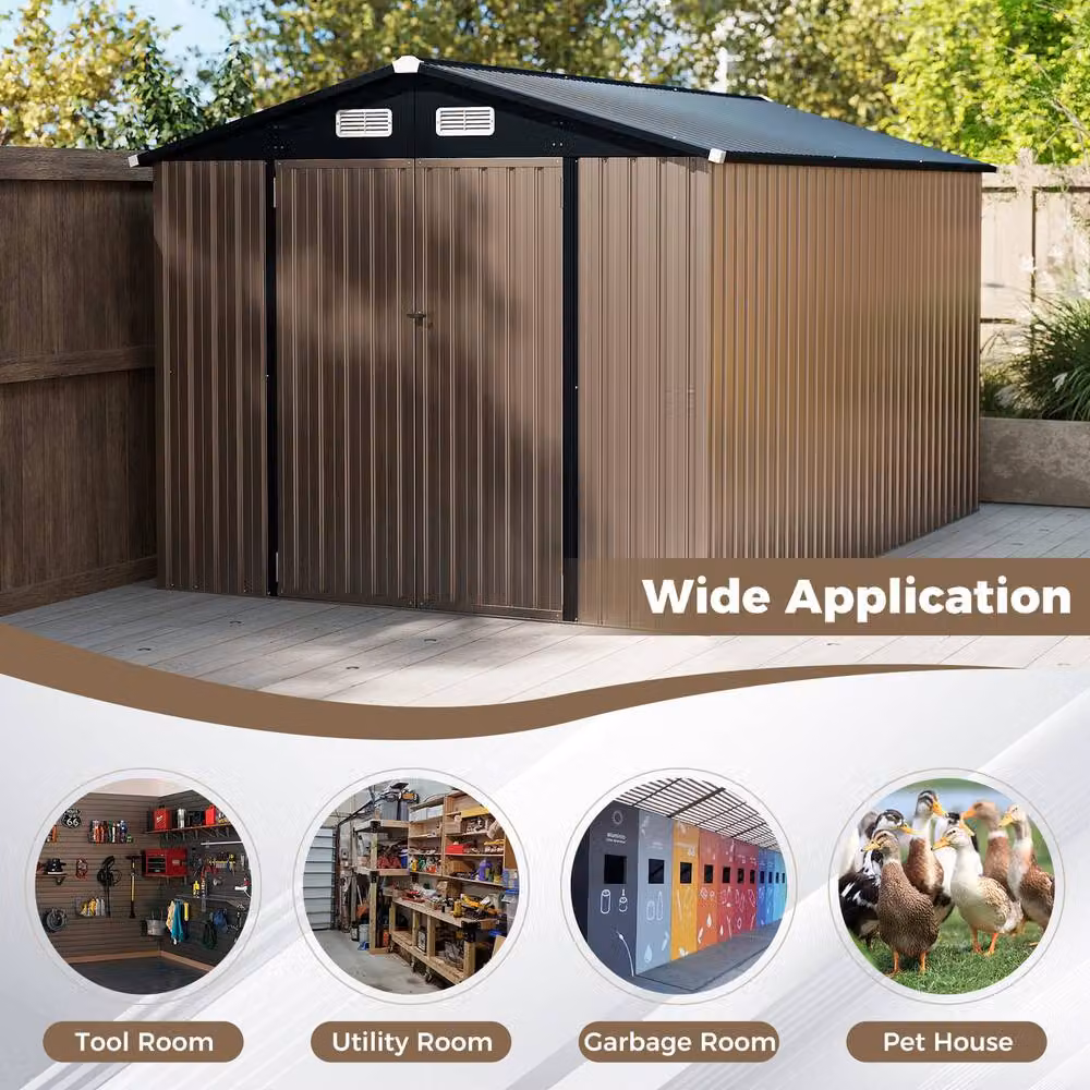 Costway Grey Galvanised Steel Outdoor Storage Shed with Pent Roof and Double Doors, W/D/H: 226 x 197 x 236 cm – 7