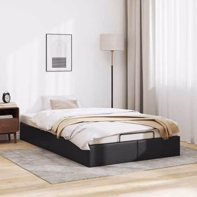 Berkfield Home Double Ottoman Bed Frame in Black Faux Leather with Lift Up Base, H 135 x W 140 x D 193 cm – 1