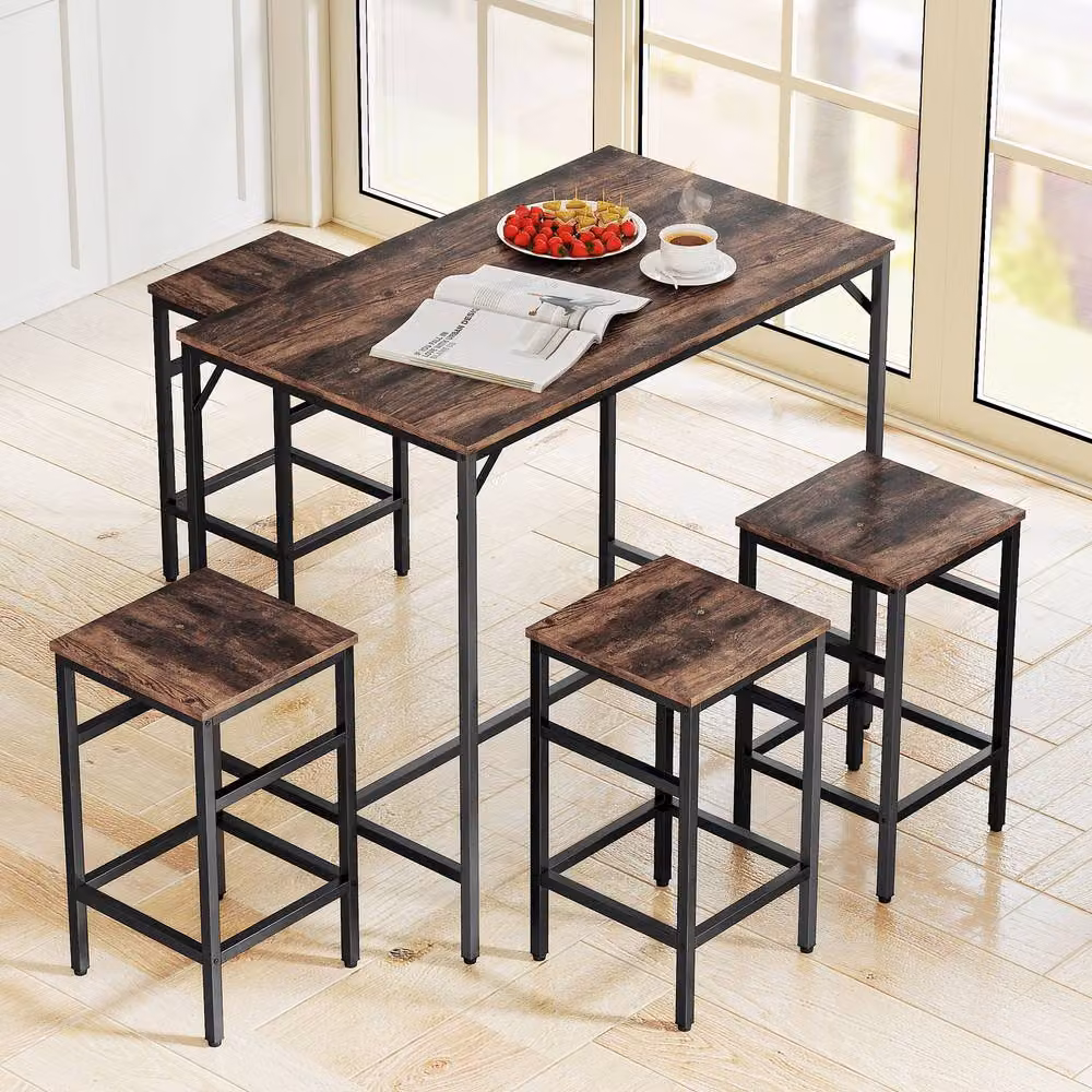 STILVORA Industrial Bar Table Set with 4 Stools in Brown MDF and Wood – 3