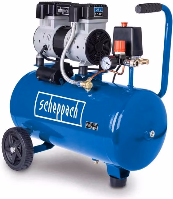 Scheppach HC26Si Silent Air Compressor, 24L Tank, 1100W, 8 Bar, 162 L/min, Oil-Free, Blue