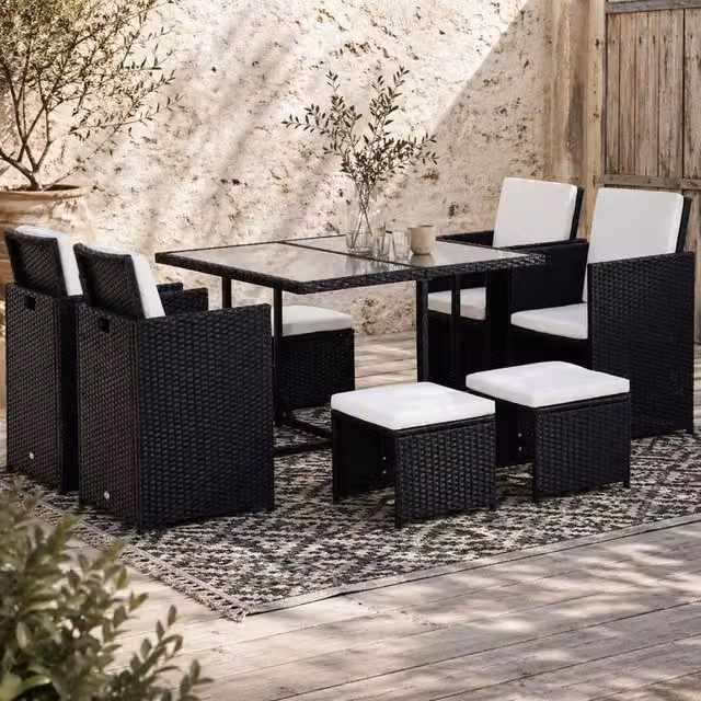 Wyld Haus Viro Black 8 Seater Cube Rattan Garden Dining Set with Square Glass Table and Weather Resistant Cushions – 1