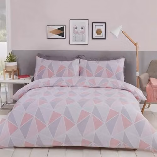 Rapport Home Polycotton Graphic Duvet Cover and Pillowcase Set in Pink, Grey and White – 1