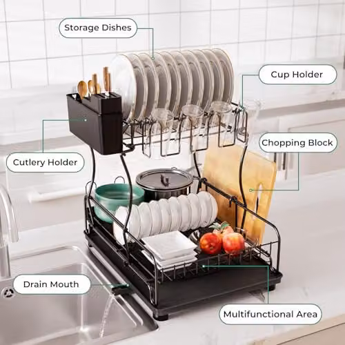 Toque 2-Tier Expandable Dish Drainer Rack in Black with Cutlery Holder and Drip Tray – 6