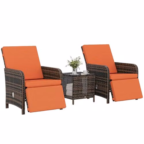 Outsunny 3 Piece Rattan Garden Bistro Set with Adjustable Backrests in Orange
