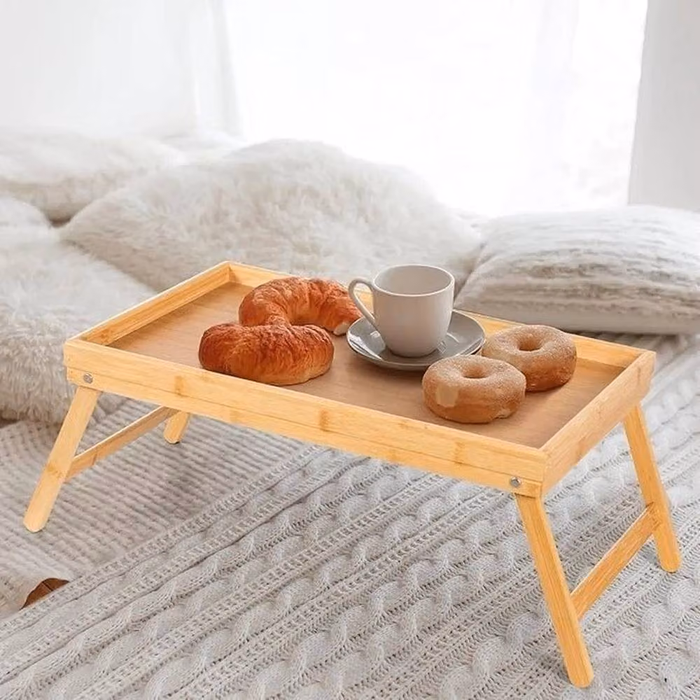 EONLION Brown Wooden Folding Breakfast Lap Tray with Solid Wood and Bamboo Construction – 2