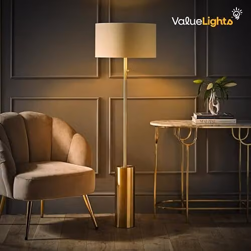 ValueLights Antique Brass Single Stem Rotary Dimmer Switch Floor Lamp with Black and Gold Fabric Cylinder Shade and LED Bulb – 2