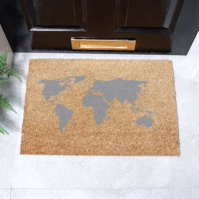 Artsy Mats World Map Grey Coir Doormat, W/D: 60 x 40 cm