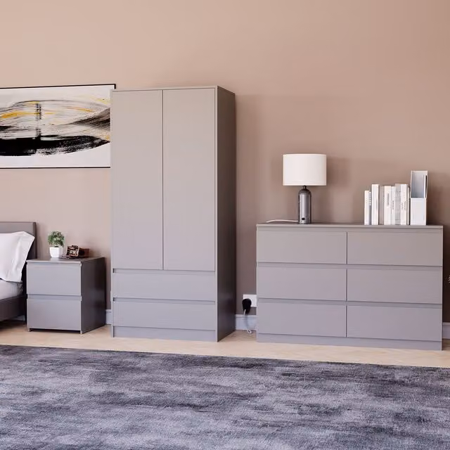 Vida Designs Denver Bedroom Set in Grey including Wardrobe, 6-Drawer Chest and 2 Bedside Tables