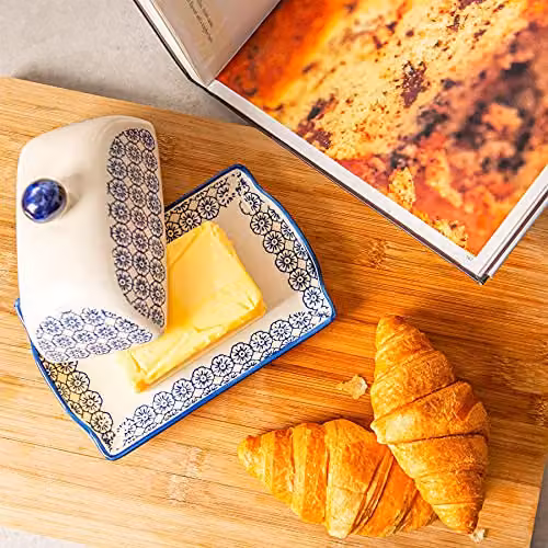 Nicola Spring Hand Printed Floral Stoneware Butter Dish with Lid in Blue, W: 18.5 cm, D: 12 cm, H: 9 cm – 2
