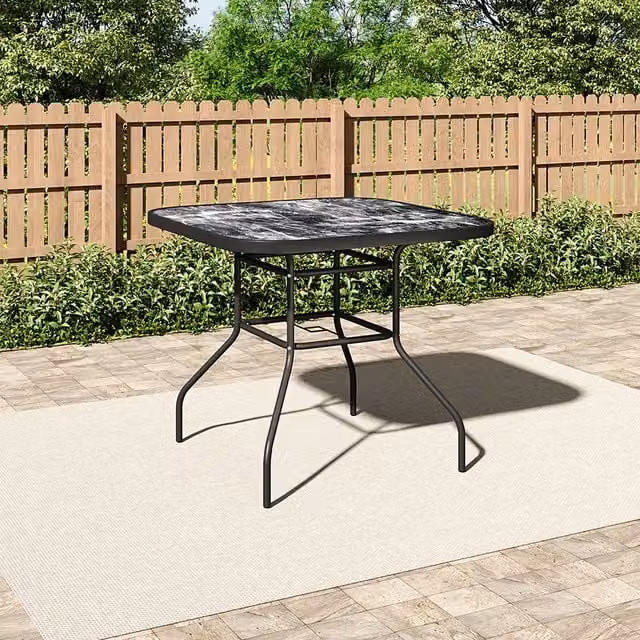 Livingandhome Minimalist Square Black Glossy Tempered Glass and Metal Garden Table