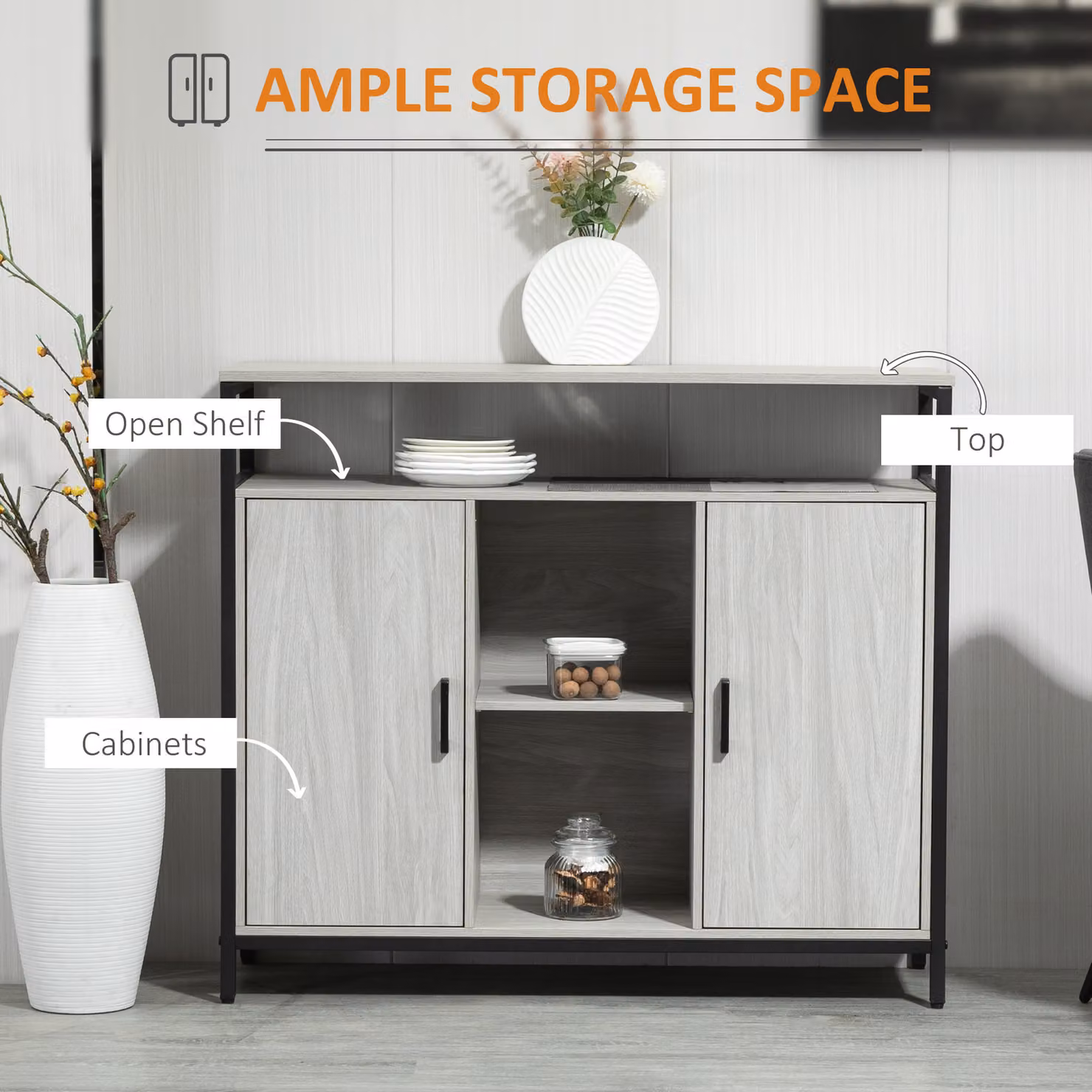 HOMCOM Contemporary Steel-Framed Kitchen Storage Cabinet and Living Room Sideboard with Adjustable Shelves and 2 Doors, Light Grey – 3