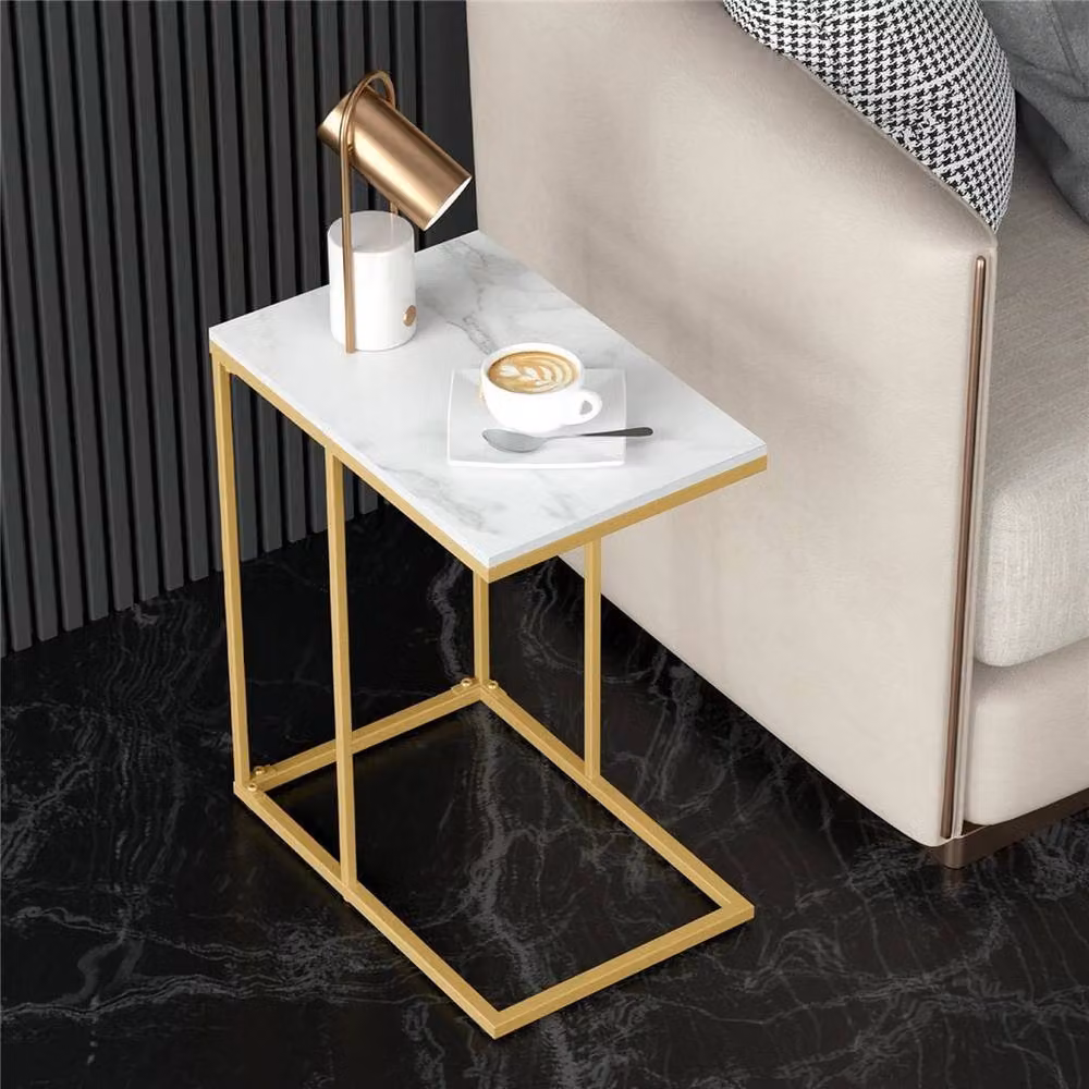 KORVIXA C Side Coffee End Table and Over Bed Laptop Table with Gold Metal Legs in White – 2