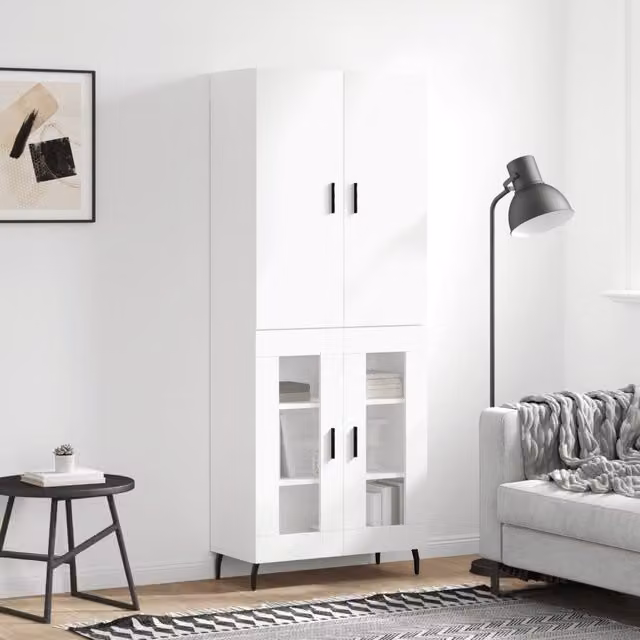 Berkfield Home Modern White Highboard with Glass Doors, W/D/H: 69.5 x 34 x 180 cm