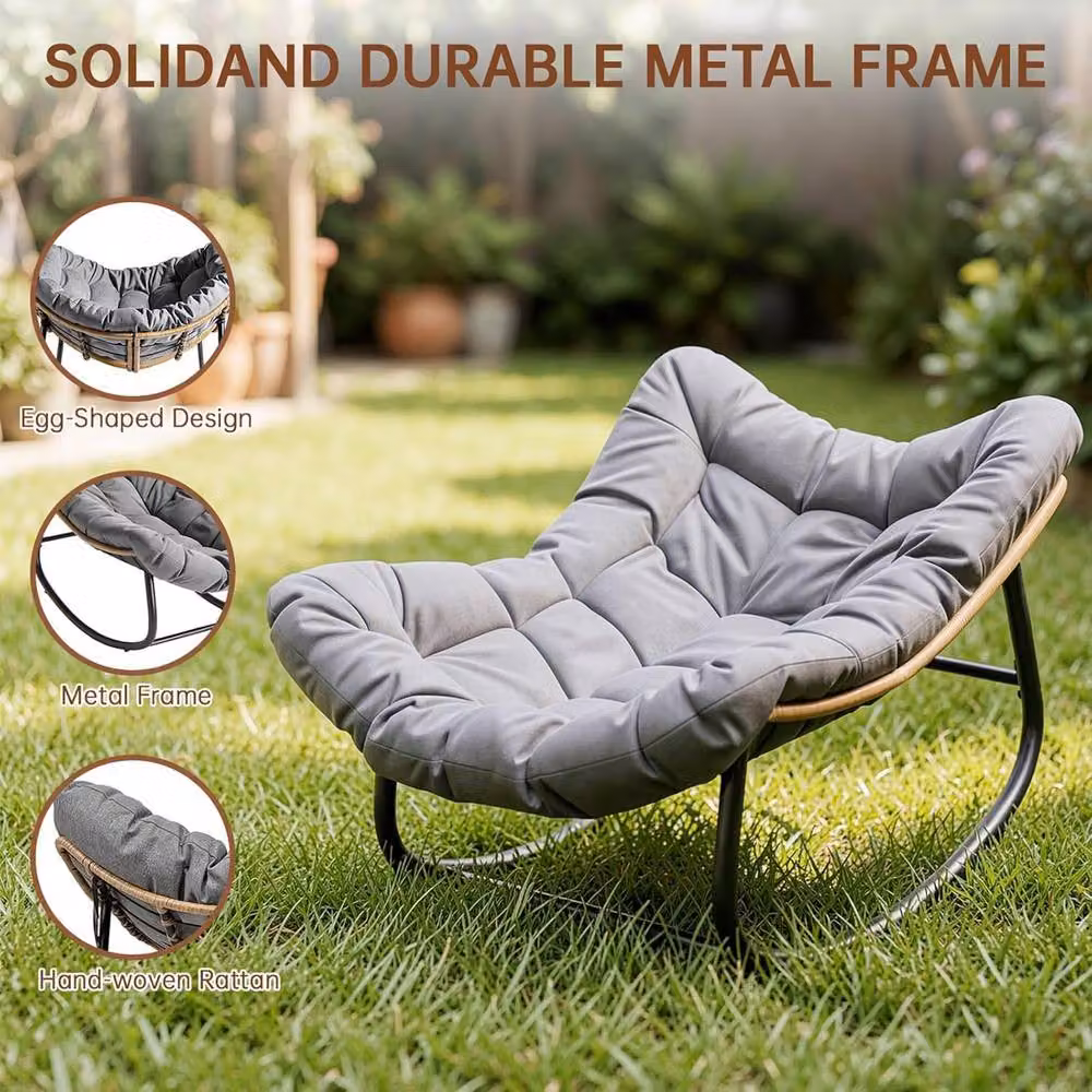 Gartistgo Oversized Egg-Shaped Rocking Chair with Thick Cushion and Metal Frame in Dark Grey – 7