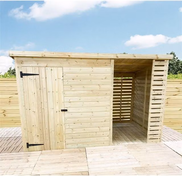 Marlborough Pressure Treated Pent Wood Shed with Storage Area in Natural Brown