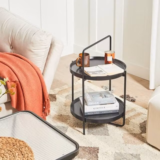Wyld and Coco Two-Tier Round Side Table with Black MDF Top and Metal Frame, Diameter: 45 cm, Height: 64 cm