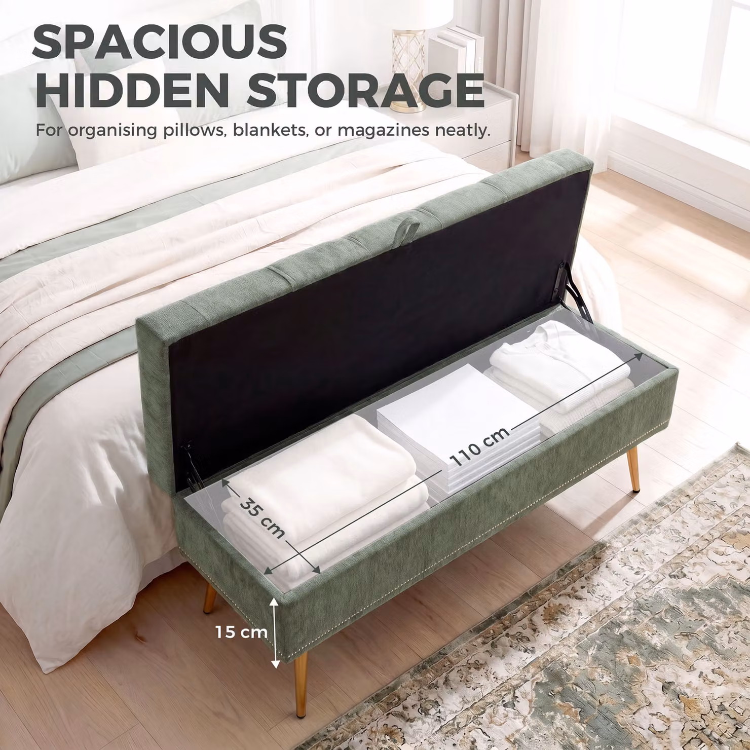 HOMCOM Chenille Upholstered Storage Ottoman with Padded Seat and Metal Legs, Green, W/D/H: 114 x 41 x 45 cm – 3