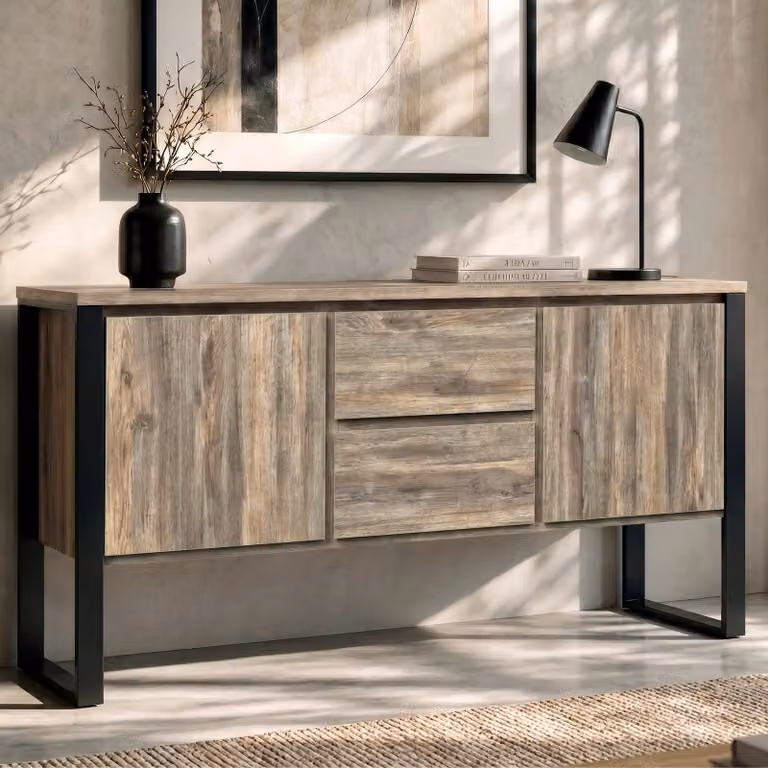 Millwright Industrial Sideboard in Smokey Oak Effect with 2 Drawers, Brown and Black, Width: 150 cm