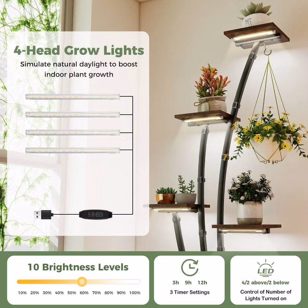 Gymax Modern Corner Metal Indoor Plant Stand with Integrated Grow Lights in Brown, Height: 155 cm – 2