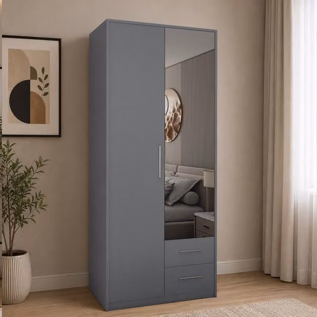 Swindon Grey 2 Door Wardrobe with Mirror and 2 Integrated Drawers, Width: 90 cm