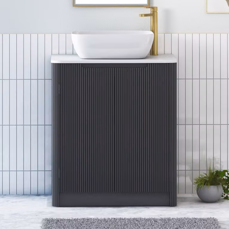 Royal Bathrooms Avenza 600mm Matt Obsidian Black Floor Standing 2 Door Vanity Unit with Plain White Worktop and Elva Basin