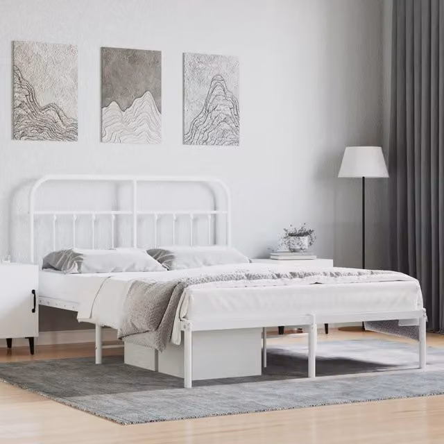 Berkfield Home Metal Bed Frame with Headboard in White, W/D/H: 150 x 200 cm