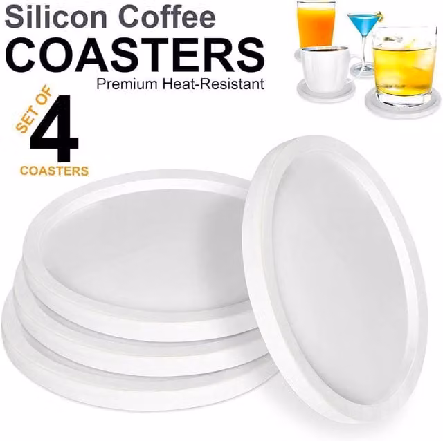 ATEK Non-Slip Round Silicone Coasters in Grey and White, Set of 4