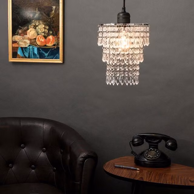 ValueLights Pair of Modern Chrome Ceiling Pendant Lights with Transparent Acrylic Jewel Droplets, Shade Width: 20 cm