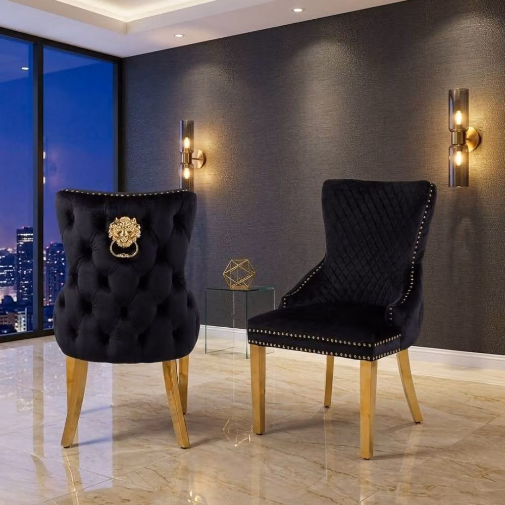 Home Luxe Interior Set of 2 Black Victoria Velvet Dining Chairs with Gold Metal Legs – 3
