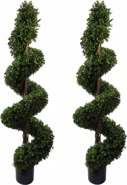 Pair of Green Spiral Buxus Artificial Trees, UV Resistant, Plastic, H: 40 cm, W: 18 cm, D: 18 cm