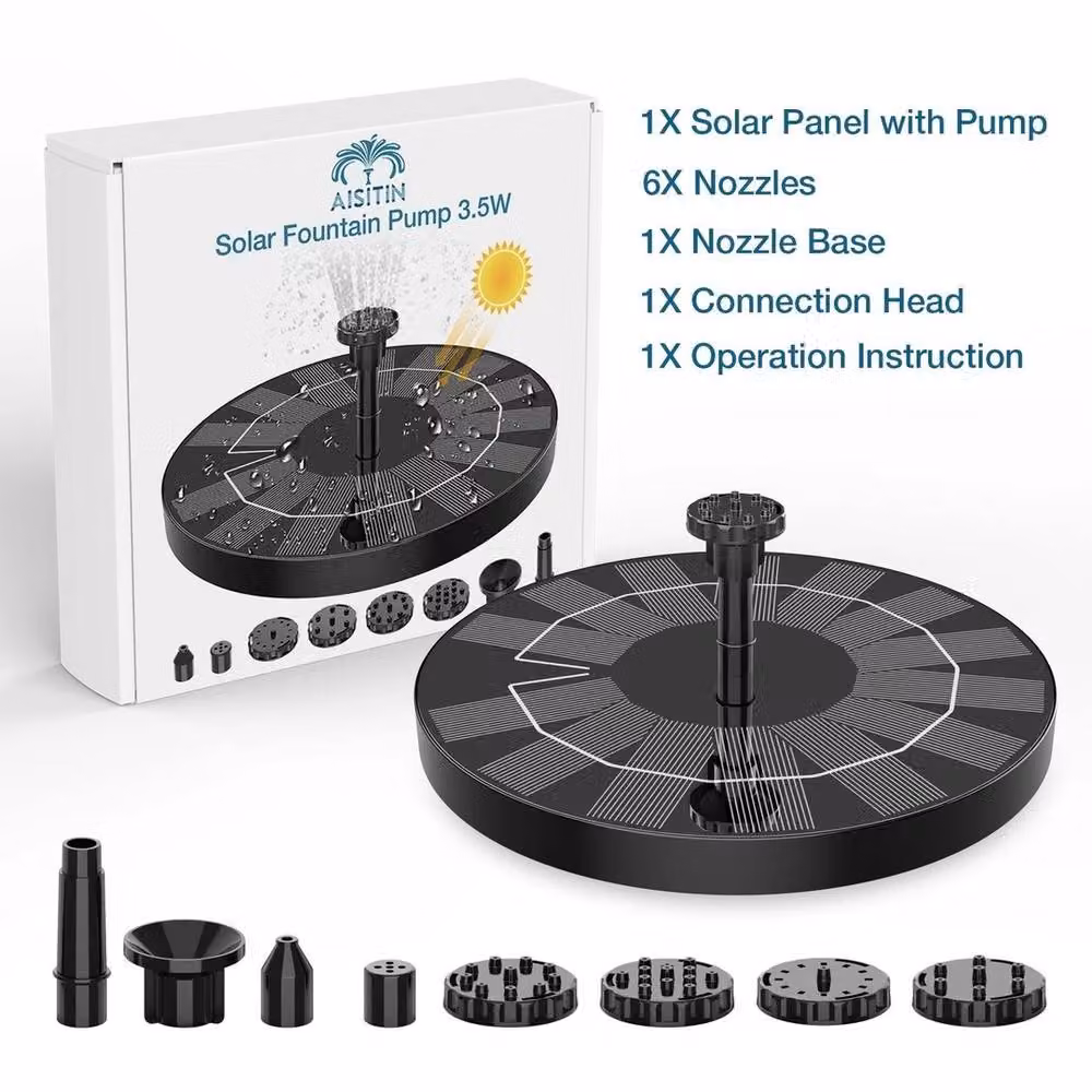 FLAVORA 3.5W Solar Fountain Pump with 6 Nozzles and Rechargeable Battery in Black – 3