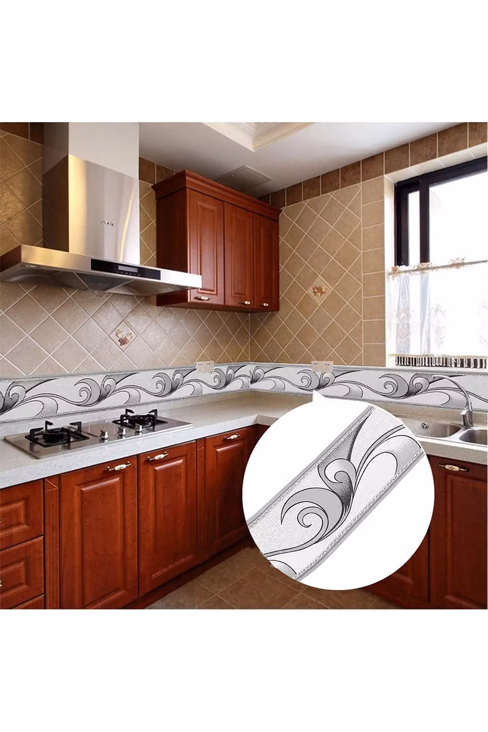 Living and Home Retro Geometric Grey PVC Self-Adhesive Wallpaper Waistline Wall Trim, W/H: 10 cm x 10 m – 3